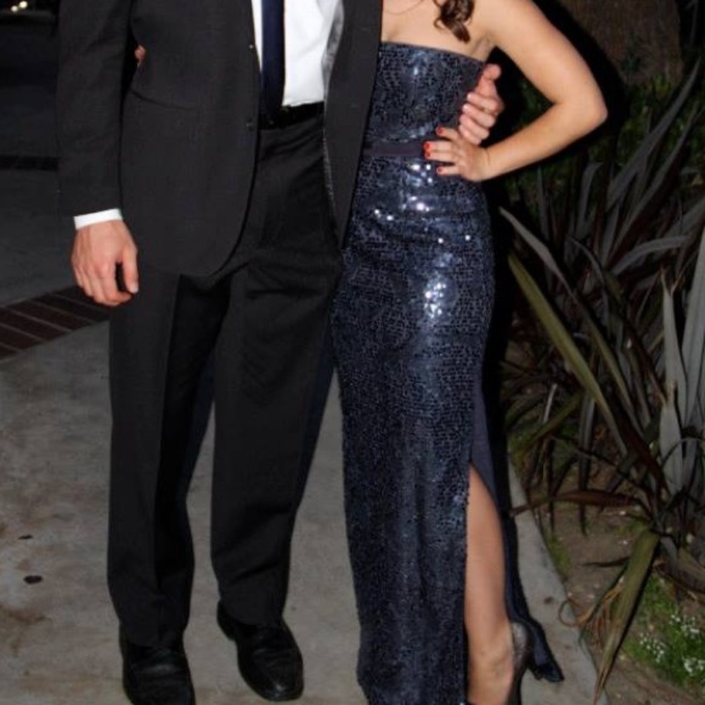 BCBG Navy Sequin Strapless Gown Maxi Dress Slit